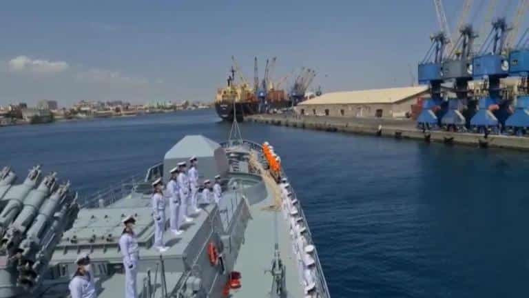 Russian Navy frigate RFS Admiral Grigorovich entres in Port Sudan on 28 February 2021 Screenshot from a Video by Ruptly TV