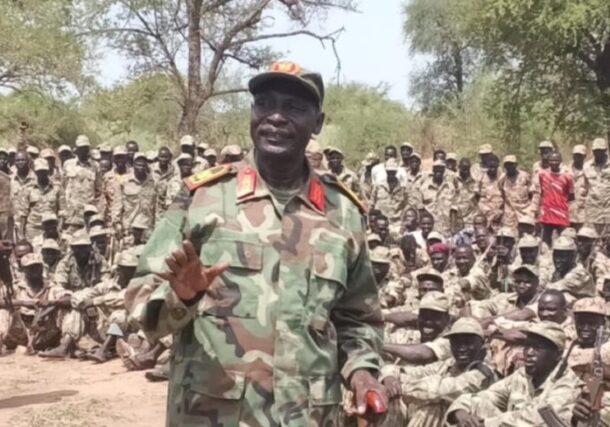 SPLM-N deputy leader, Commander Jigoud Makwar, speaks to his troops in his undated photo released by the rebel group