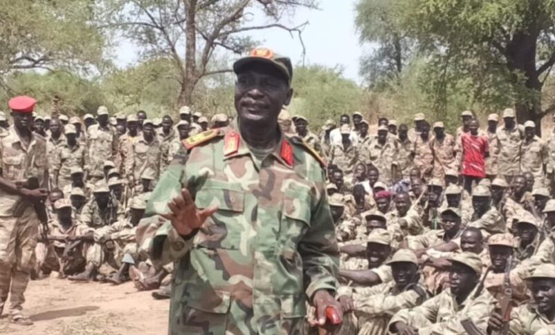 SPLM-N deputy leader, Commander Jigoud Makwar, speaks to his troops in his undated photo released by the rebel group