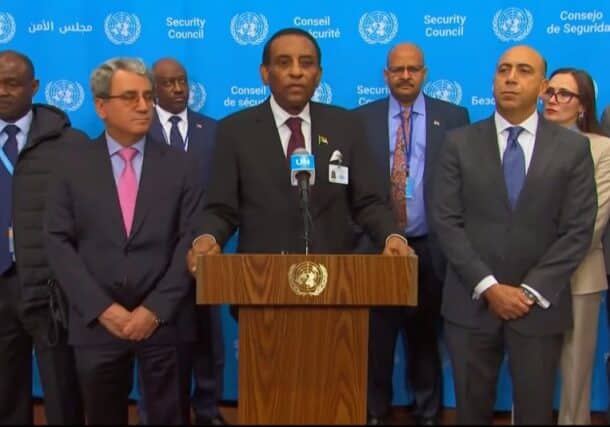 Sudan's PM Kamil Idris speaks at the UN headquarters after a Security Council meeting on December 22, 2025