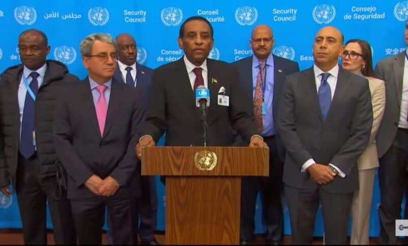 Sudan's PM Kamil Idris speaks at the UN headquarters after a Security Council meeting on December 22, 2025