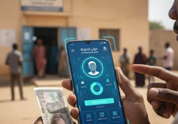 AI-generated visualization of the proposed parallel financial system and electronic banking services in Darfur.