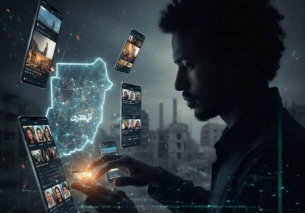AI-generated image illustrating digital propaganda networks in Sudan.