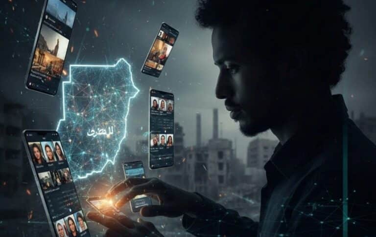 AI-generated image illustrating digital propaganda networks in Sudan.