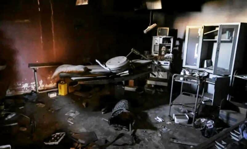 A ransacked emergency room at Ibrahim Malik Hospital illustrates the severe damage to Khartoum's medical infrastructure.