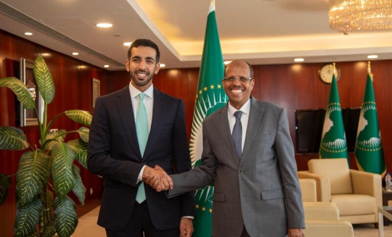 Mahmoud Ali Youssouf, Chairperson of the AUCshakes hand with Sheikh Shakhboot bin Nahyan Al Nahyan, UAE Minister of State in Addis Ababa on Jan 6, 2026