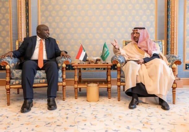 Saudanese Minister of Minieral Resources Nour al-Dayem Taha meets his Saudi counterpart Bandar Alkhorayef in Riyadh on Jan 17, 2026