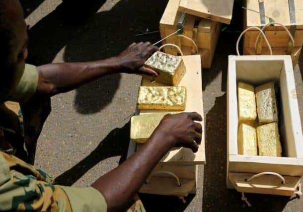 Security forces display gold bars seized from a plane that landed at Khartoum Airport in an investigation into possible smuggling, on May 9, 2019. Reuters photo.