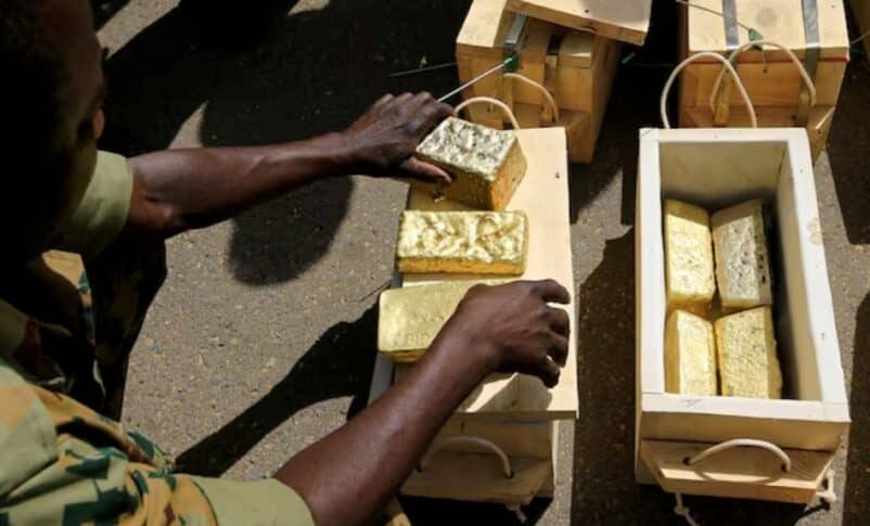 Security forces display gold bars seized from a plane that landed at Khartoum Airport in an investigation into possible smuggling, on May 9, 2019. Reuters photo.