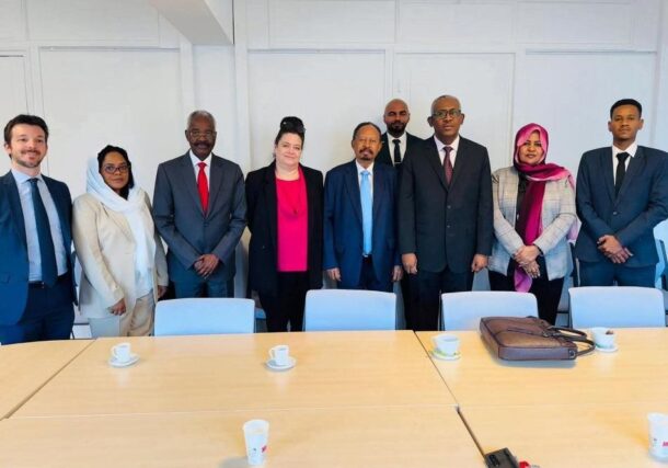 Members of the "Somoud" delegation, led by former Prime Minister Abdallah Hamdok, pose with Emmanuel Blattmann, Director General for Africa at the French Ministry of Foreign Affairs, in Paris, January 20, 2026. Somoud photo