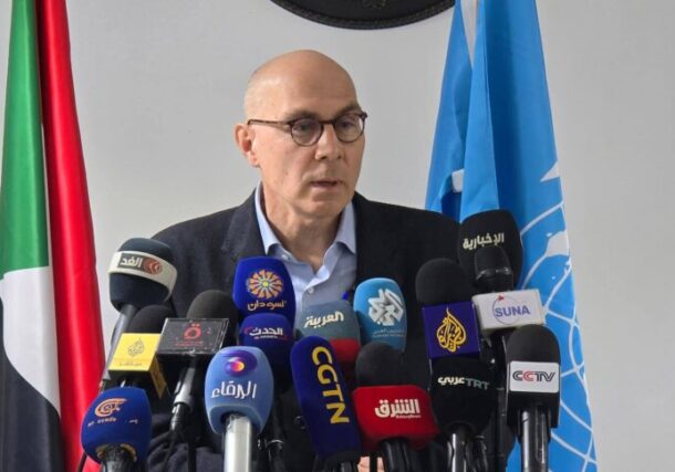 Volker Turk speaks to the media at Port Sudan airport on Jan 18, 2026
