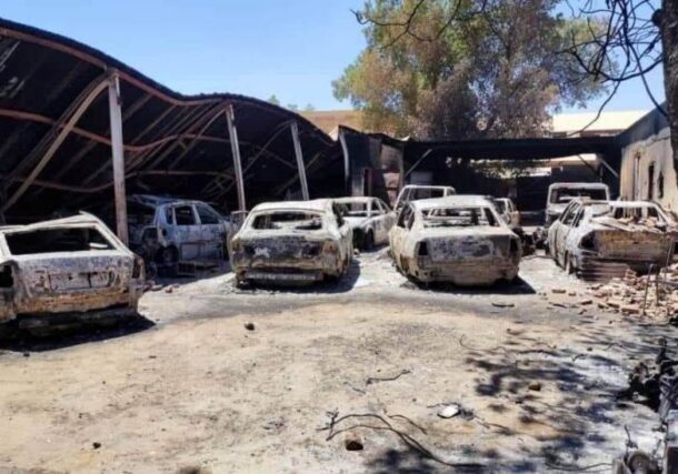 An auto repair workshop in Khartoum stands in ruins after being completely destroyed during the fighting in the capital, on May 17, 2023.