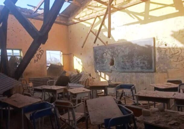 A classroom at Ali Karar Secondary School in Dilling damaged following an RSF drone strike on Feb. 11, 2026.