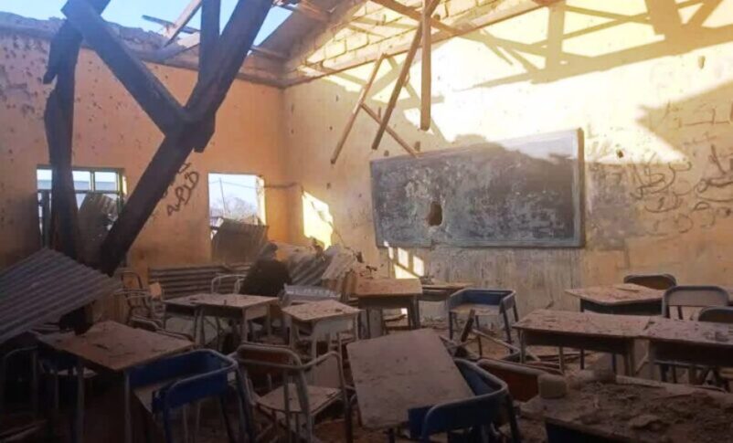 A classroom at Ali Karar Secondary School in Dilling damaged following an RSF drone strike on Feb. 11, 2026.