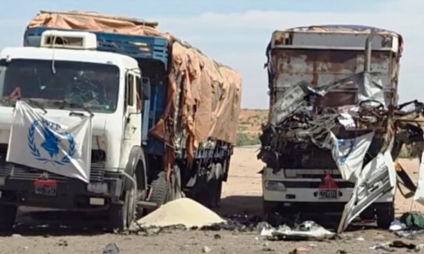 Humanitarian trucks hit by the RSF drone in Alla Karim area , North Kordofan on Feb 7, 2026