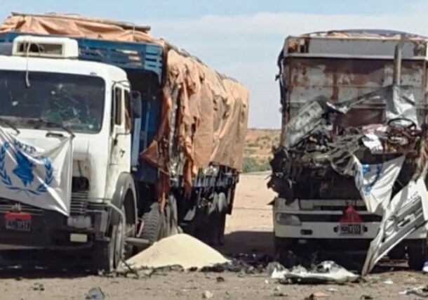 Humanitarian trucks hit by the RSF drone in Alla Karim area , North Kordofan on Feb 7, 2026