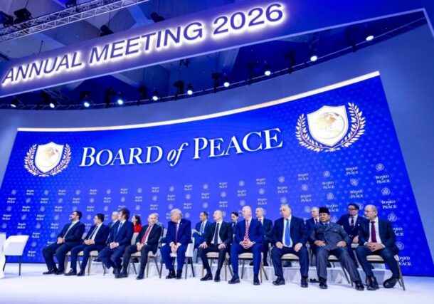 U.S. President Donald Trump, centre, sits with other leaders during a signing ceremony for his 'Board of Peace' initiative, at the World Economic Forum in Davos, Switzerland, on Jan 22, 2026, Reuters photo