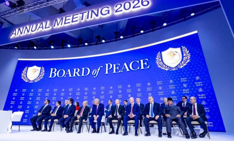 U.S. President Donald Trump, centre, sits with other leaders during a signing ceremony for his 'Board of Peace' initiative, at the World Economic Forum in Davos, Switzerland, on Jan 22, 2026, Reuters photo