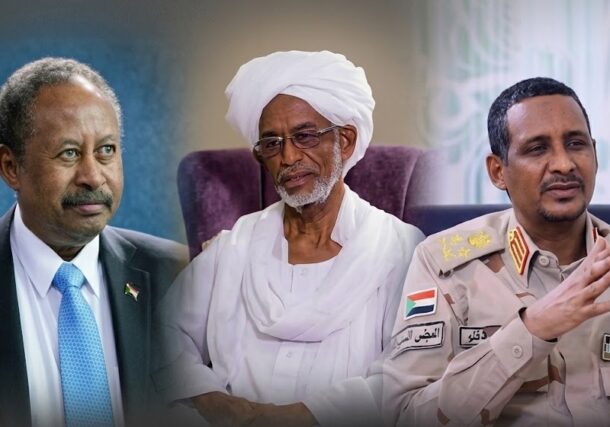 Sudanese Islamic Movement leader Ali Karti (C) flanked by Sumoud alliance head Abdalla Hamdok (L) and Rapid Support Forces Commander Mohamed Hamdan Daglo.