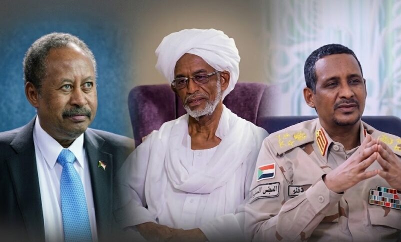 Sudanese Islamic Movement leader Ali Karti (C) flanked by Sumoud alliance head Abdalla Hamdok (L) and Rapid Support Forces Commander Mohamed Hamdan Daglo.