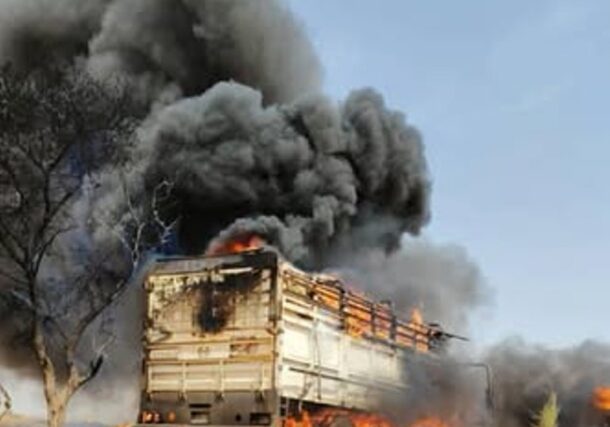 A commercial convoy carrying agricultural crops burns near El Nahud, West Kordofan, Sudan, March 17, 2026.