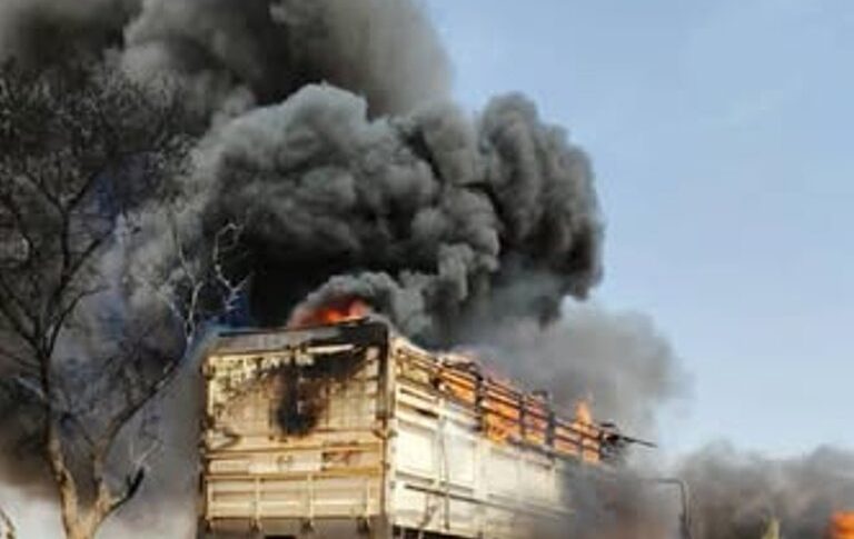 A commercial convoy carrying agricultural crops burns near El Nahud, West Kordofan, Sudan, March 17, 2026.