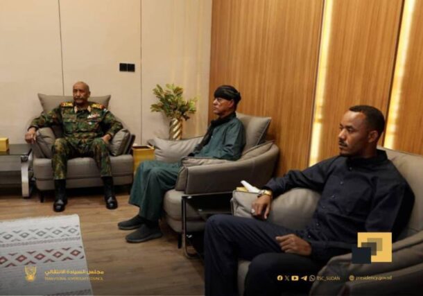 Sudanese army chief al-Burhan receive Darfur tribal leader Musa Hillal at his office in Khartoum on March 8, 2026