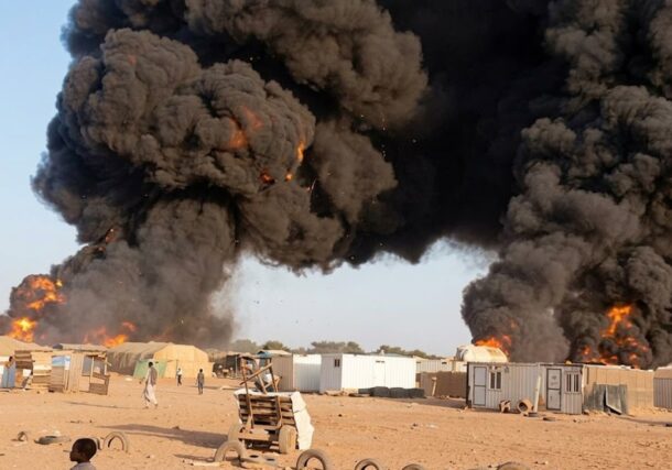 A wide shot capturing the initial plumes of thick black smoke rising from the Adikong market stalls, on March 12, 2026
