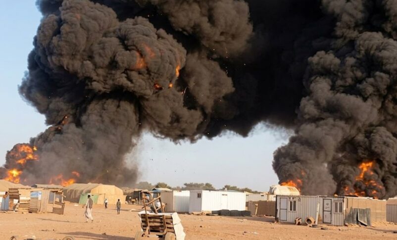 A wide shot capturing the initial plumes of thick black smoke rising from the Adikong market stalls, on March 12, 2026