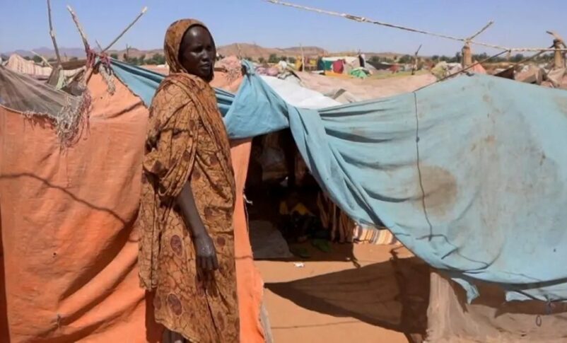 A Sudanese woman stands outside her makeshift shelter in a displacement camp in North Darfur. Reuters file photo