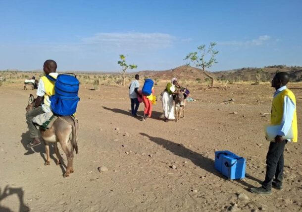 Aid workers use donkeys to transport vaccins to IDP camp in Jebel Marra, Central Darfur on April 22, 2026