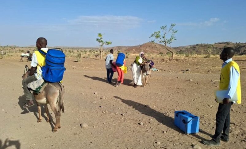 Aid workers use donkeys to transport vaccins to IDP camp in Jebel Marra, Central Darfur on April 22, 2026