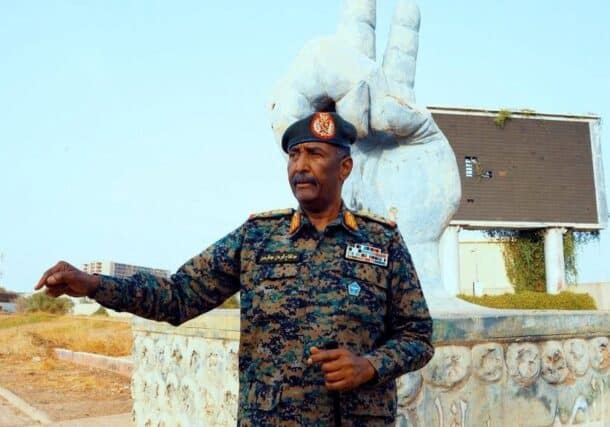 Al-Burhan speaks outside the army headquarters in Khartoum on April 6, 2026