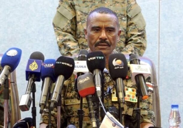 Defecting RSF commander al-Nour al-Qubba speaks to the media on April 29, 2026