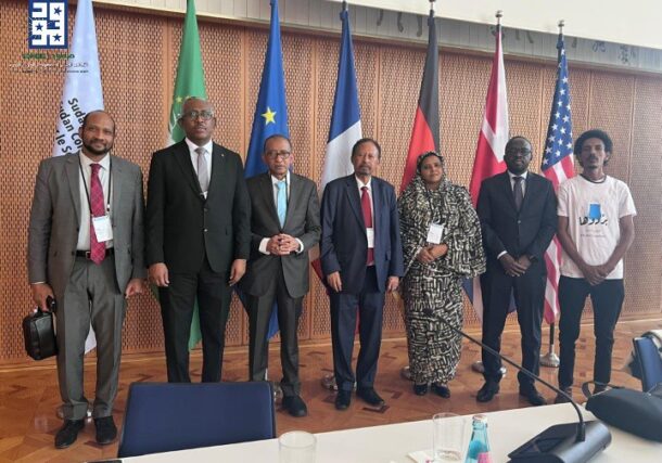 Representatives of a pro-peace civilian coalition "Somoud" pose in Berlin on April 15, 2026