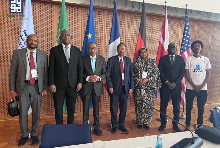 Representatives of a pro-peace civilian coalition "Somoud" pose in Berlin on April 15, 2026