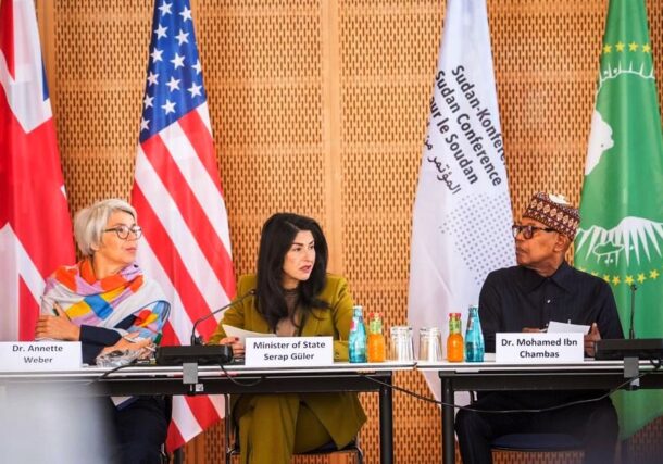 Sgueler Guler speaks to the media tother with EU and AU officials in Berlin on April 16, 2026