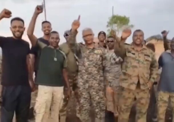 Sudanese army officers and soldiers celebrate the recapture of Mogja, Blue Nile region, on April 20, 2026