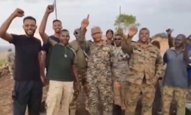 Sudanese army officers and soldiers celebrate the recapture of Mogja, Blue Nile region, on April 20, 2026