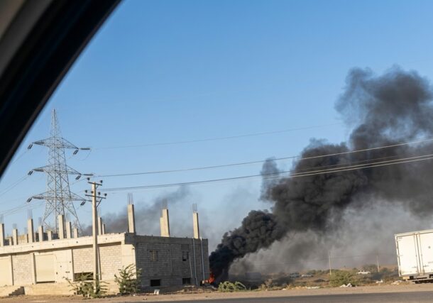 Plumes of black smoke following an RSF drone strike in Jebel Aulia on May 1, 2026.