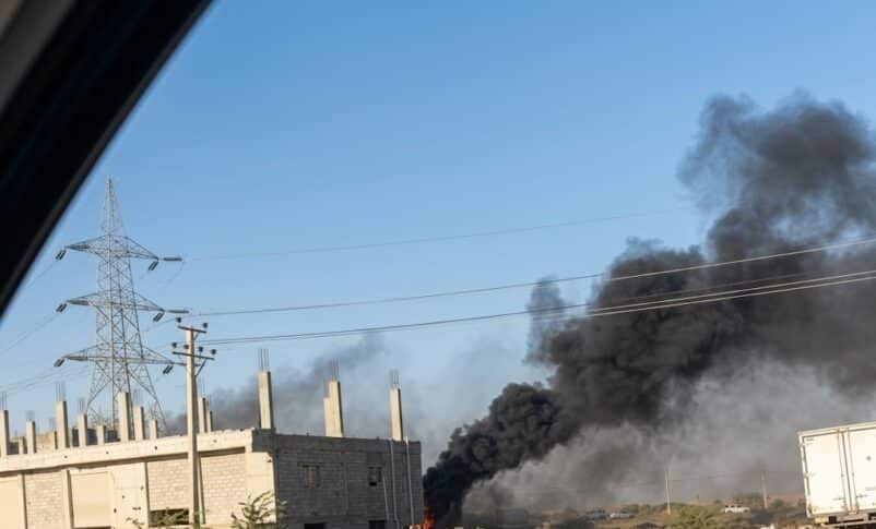 Plumes of black smoke following an RSF drone strike in Jebel Aulia on May 1, 2026.