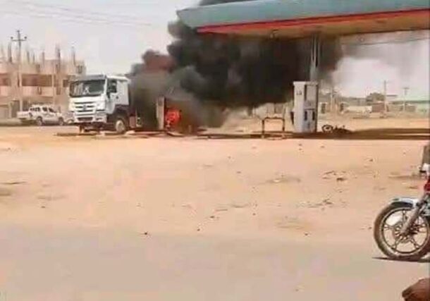 A truck burning at a fuel station هn Kosti, White Nile state after a drone attack on May 5, 2026