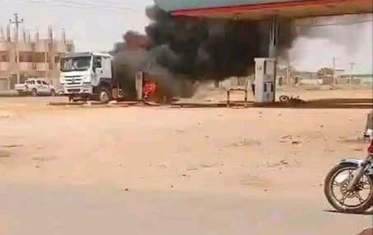 A truck burning at a fuel station هn Kosti, White Nile state after a drone attack on May 5, 2026