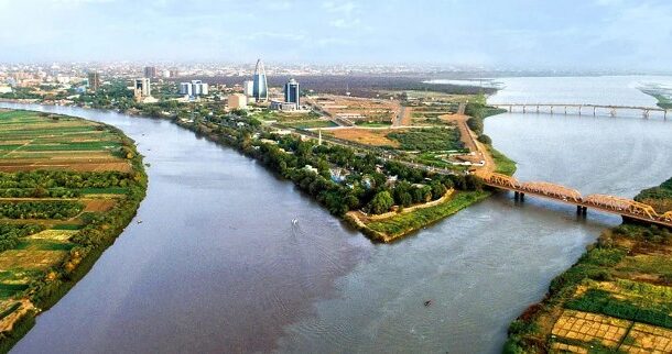 Al-Mogran — Arabic roughly for “The Confluence”, where the Blue Nile (left) and White Nile (right) meet to form the Nile River (bottom) in Khartoum, Sudan.