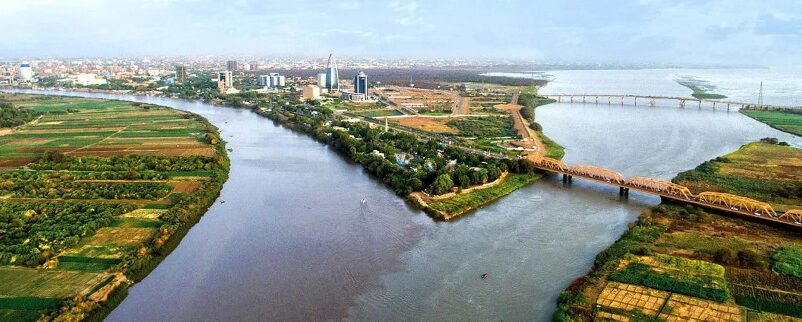 Al-Mogran — Arabic roughly for “The Confluence”, where the Blue Nile (left) and White Nile (right) meet to form the Nile River (bottom) in Khartoum, Sudan.