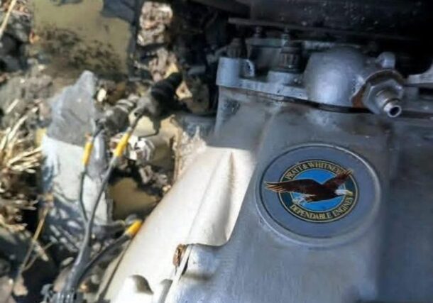 The engine of a drone, reportedly shot down by the Sudanese military near Ed Damazin on May 23, 2026, displays the logo of the American aerospace manufacturer Pratt & Whitney.