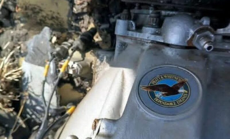 The engine of a drone, reportedly shot down by the Sudanese military near Ed Damazin on May 23, 2026, displays the logo of the American aerospace manufacturer Pratt & Whitney.
