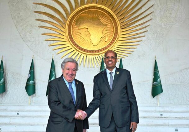 Secretary-General António Guterres (left) meets with Mahmoud Ali Youssouf, Chairperson of the African Union Commission in Addis Ababa on Feb 13, 2026