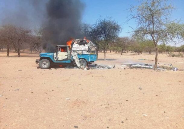 Vehicule loaded with food buring in Kornoi, North Darfur, after a drone strike on May 12, 2026
