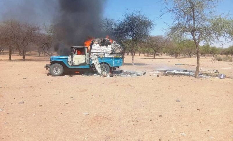 Vehicule loaded with food buring in Kornoi, North Darfur, after a drone strike on May 12, 2026